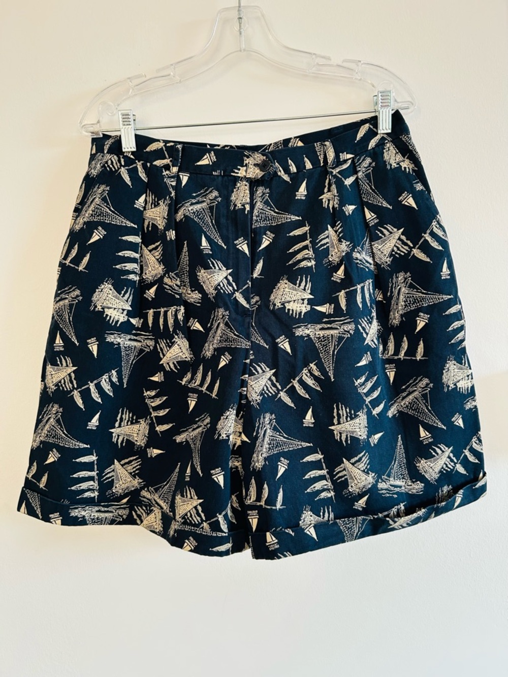 Lauren Navy Blue Sailboat Print High Waisted Shorts